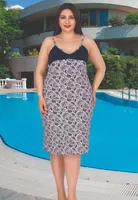 Büyük Beden İnce Askılı Şal Desenli Gecelik Lady 8841 Lacivert