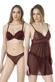 Fabony Dantelli Transparan 3lü Gecelik Sütyen Takım Fabony 4100