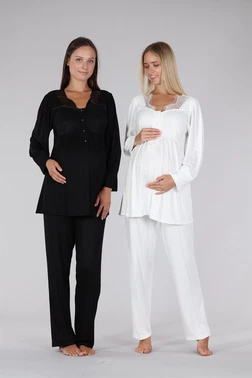 Bone Club Dantelli Yaka Lohusa Hamile Pijama Takımı Bone 5327 - Alternatif Görünüm