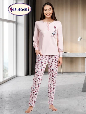 DOREMI DoReMi Önden Düğmeli Çiçekli Bayan Pijama Takımı