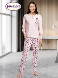 DOREMI DoReMi Önden Düğmeli Çiçekli Bayan Pijama Takımı