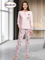 DoReMi Önden Düğmeli Çiçekli Bayan Pijama Takımı Pudra görsel 6