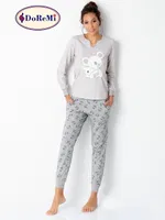 Cepli Uzun Kollu Baskılı Kadın Pijama Takımı Vizon