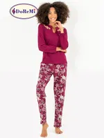 DoReMi Çiçek Desenli Bayan Pijama Takımı Bordo