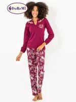 DoReMi Çiçek Desenli Bayan Pijama Takımı Bordo detay görünüm