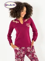 DoReMi Çiçek Desenli Bayan Pijama Takımı Bordo görsel 4