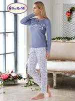 DoReMi Düğmeli Baskılı Bayan Pijama Takımı Mavi