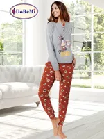DoReMi Düğmeli Hayvan Figürlü Bayan Pijama Takımı Gri Melanj