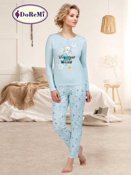 Uzun Kollu Önden Düğmeli Bayan Pijama Takımı