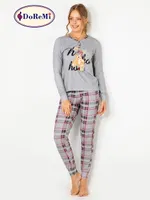 DoReMi Ekoseli Önden Düğmeli Bayan Pijama Takımı Gri
