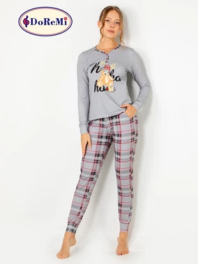 DOREMI DoReMi Ekoseli Önden Düğmeli Bayan Pijama Takımı - Alternatif Görünüm