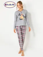 DoReMi Ekoseli Önden Düğmeli Bayan Pijama Takımı Gri görsel 6