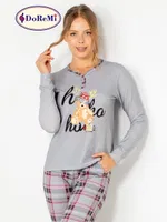 DoReMi Ekoseli Önden Düğmeli Bayan Pijama Takımı Gri görsel 8