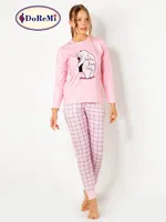 DoReMi Baskılı Ekoseli Bayan Pijama Takımı Pembe detay görünüm