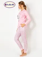 DoReMi Baskılı Ekoseli Bayan Pijama Takımı Pembe görsel 4