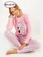 DoReMi Baskılı Ekoseli Bayan Pijama Takımı Pembe görsel 6