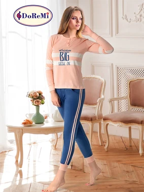 DOREMI Önden Düğmeli Şeritli Kadın Pijama Takımı DoReMi