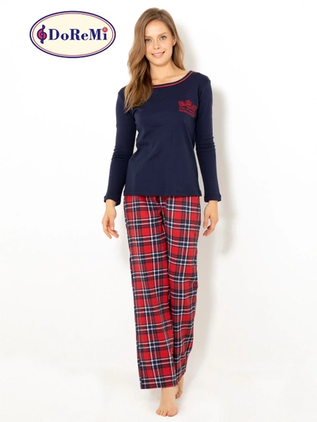 Doremi Geniş Yaka Ekose Bayan Pijama Takımı