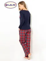 Doremi Geniş Yaka Ekose Bayan Pijama Takımı Lacivert detay görünüm