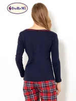 Doremi Geniş Yaka Ekose Bayan Pijama Takımı Lacivert görsel 4