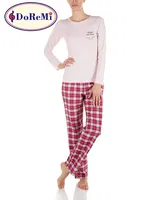 Pudra Ekose DoReMi Uzun Kollu Pijama Takımı Pudra detay görünüm