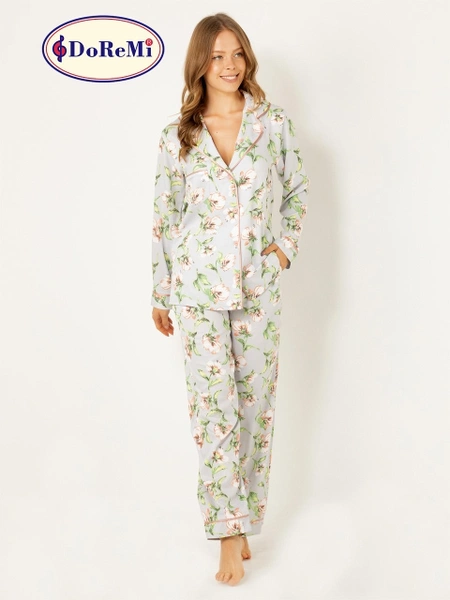 DoReMi Çiçekli Doğal Viskon Soft Yumuşak Düğmeli Pijama Takımı