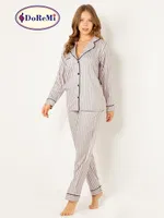 DoReMi Çizgili Doğal Viskon Soft Yumuşak Düğmeli Pijama Takımı Pudra detay görünüm