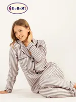 DoReMi Çizgili Doğal Viskon Soft Yumuşak Düğmeli Pijama Takımı Pudra görsel 6