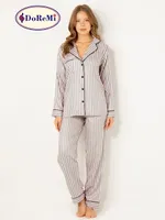 DoReMi Çizgili Doğal Viskon Soft Yumuşak Düğmeli Pijama Takımı Pudra görsel 7