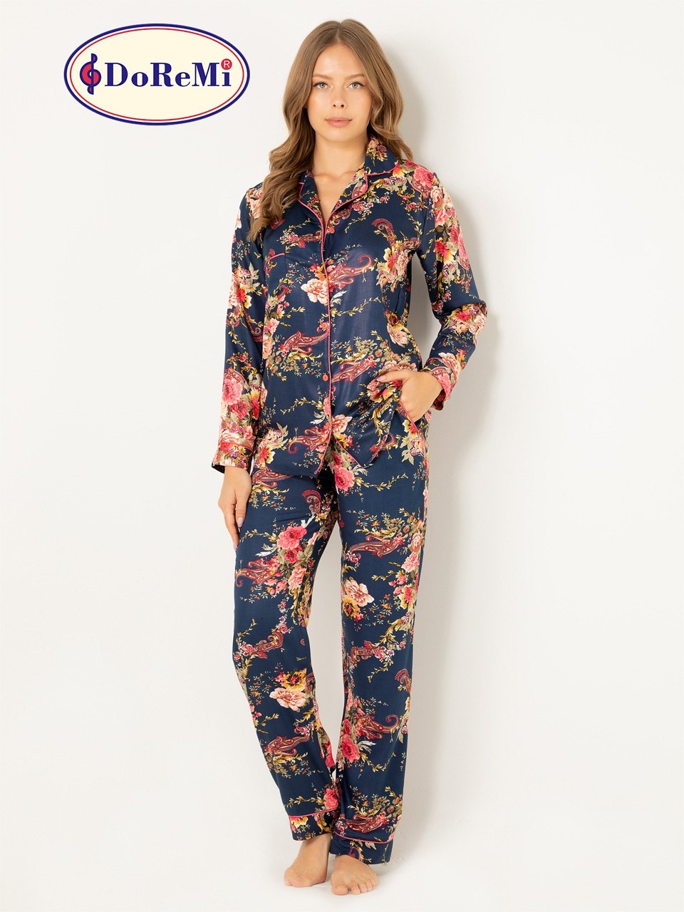 Gömlek Yaka Doğal Viskon Soft Yumuşak Düğmeli Pijama Takımı DoReMi