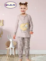 Uzun Kollu Kız Çocuk Pijama Takımı DoReMi Vizon