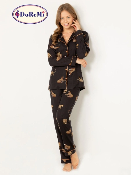 DoReMi Leoparlı Doğal Viskon Soft Yumuşak Düğmeli Pijama Takımı