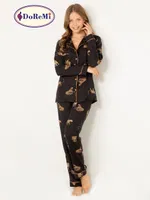 DoReMi Leoparlı Doğal Viskon Soft Yumuşak Düğmeli Pijama Takımı Siyah