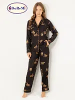 DoReMi Leoparlı Doğal Viskon Soft Yumuşak Düğmeli Pijama Takımı Siyah farklı açı