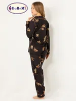 DoReMi Leoparlı Doğal Viskon Soft Yumuşak Düğmeli Pijama Takımı Siyah görsel 8