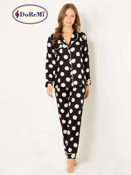 Puantiyeli Doğal Viskon Soft Yumuşak Gömlek Yaka Pijama Takımı