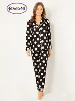 Puantiyeli Doğal Viskon Soft Yumuşak Gömlek Yaka Pijama Takımı Siyah
