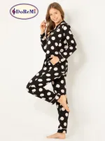 Puantiyeli Doğal Viskon Soft Yumuşak Gömlek Yaka Pijama Takımı Siyah görsel 4
