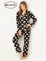 Puantiyeli Doğal Viskon Soft Yumuşak Gömlek Yaka Pijama Takımı Siyah görsel 7