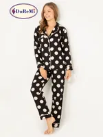 Puantiyeli Doğal Viskon Soft Yumuşak Gömlek Yaka Pijama Takımı Siyah görsel 9