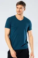 Erkek Likralı V Yaka T-shirt Cacharel 1332/PETROL Petrol