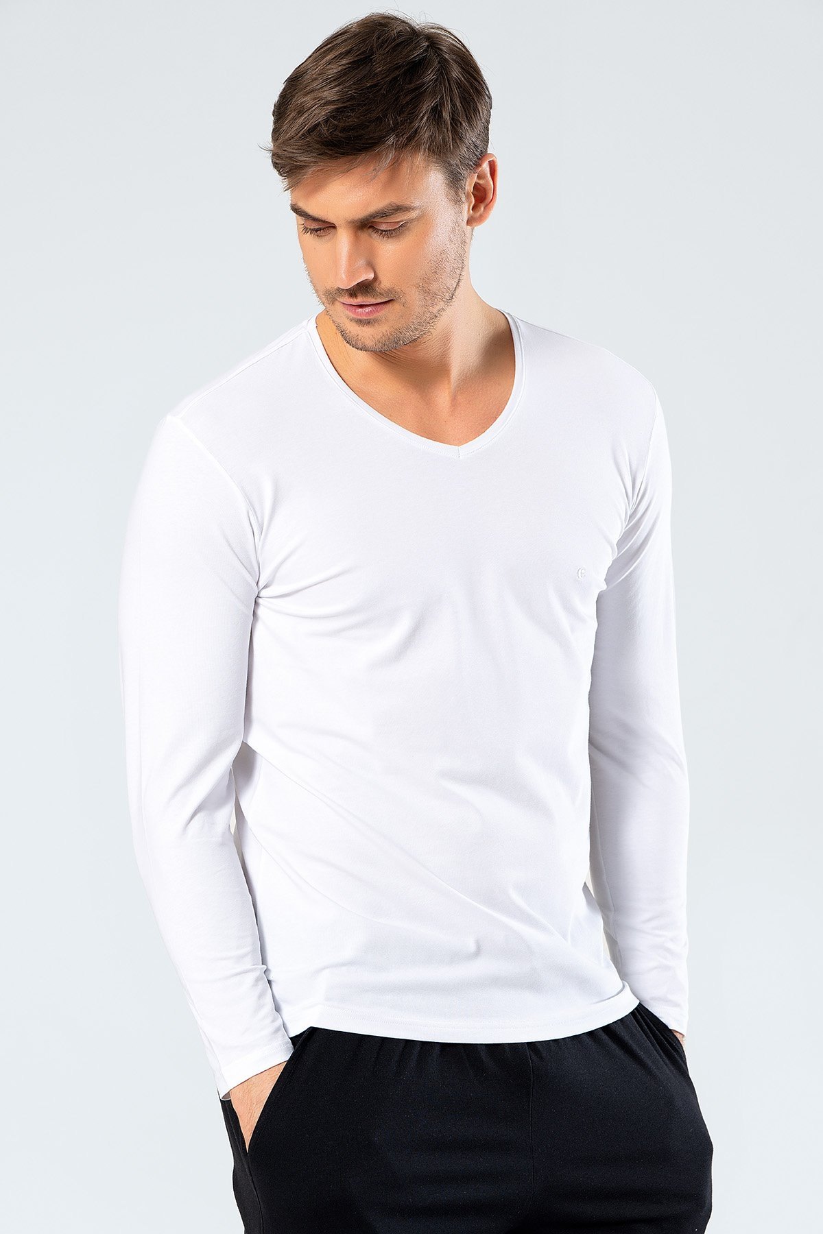 Erkek V Yaka Uzun Kollu T-Shirt Cacharel 1334/BEYAZ