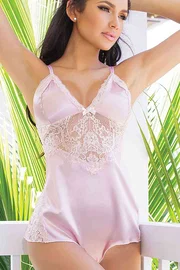 Merry See Merry See Dantel İşlemeli Saten Tulum Gecelik Pembe MS2645