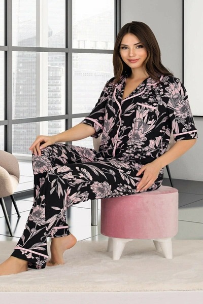 Pembe Çiçek Desenli Gömlekli ve Askılı 3'lü Pijama Takımı Lady 20001