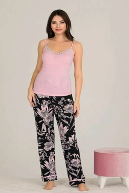 Lady Pembe Çiçek Desenli Gömlekli ve Askılı 3'lü Pijama Takımı Lady 20001 - Alternatif Görünüm