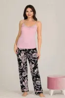Pembe Çiçek Desenli Gömlekli ve Askılı 3'lü Pijama Takımı Lady 20001 Pembe detay görünüm