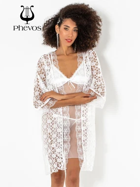 Phevos Phevos 3lü Beyaz Gecelik ve Sabahlık Takımı