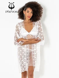Phevos Phevos 3lü Beyaz Gecelik ve Sabahlık Takımı