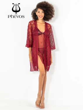 Phevos 3lü Bordo Dantelli Gecelik Sabahlık Takımı Phevos - Alternatif Görünüm