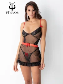 Phevos Phevos Transparan Kırmızı Kuşaklı Fantezi Gecelik